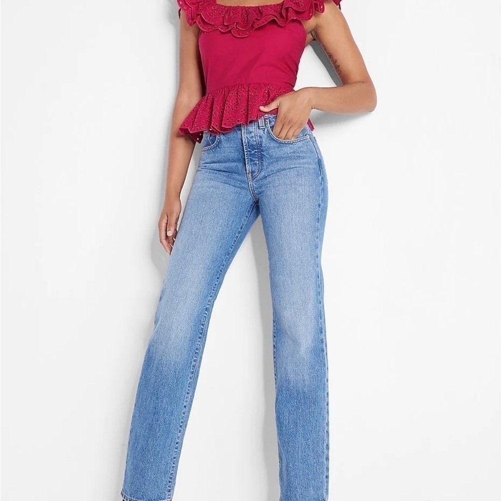 EXPRESS Open Back Eyelet ruffle Peplum Top in Gorgeous Pink Medium NWT - Picture 4 of 9